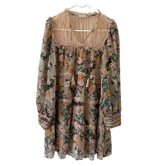 Alice + Olivia Dresses & Skirts - Alice + Olivia Floral Lace Boho Dress M Sheer Long Sleeve Tiered Tassel Mini